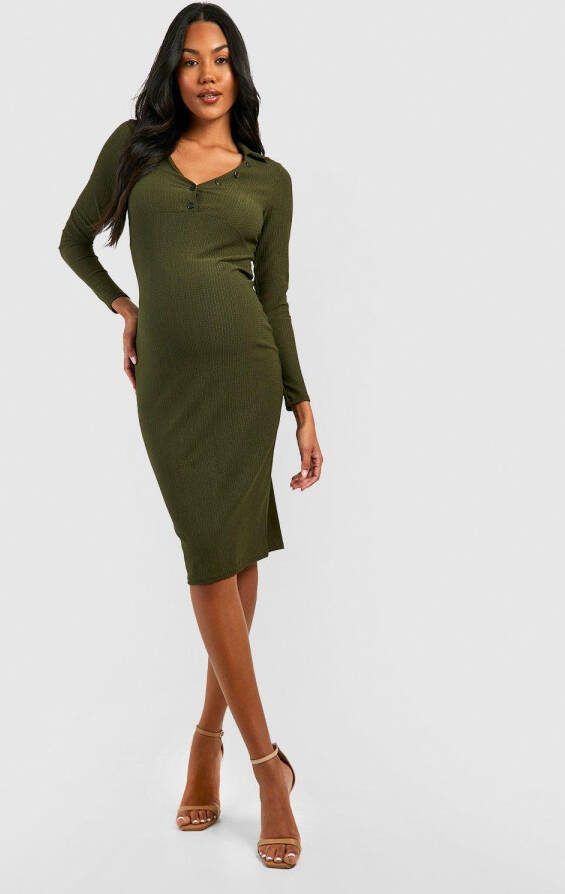 boohoo Zwangerschap Geribbelde Doorknoop Midi Jurk, Khaki