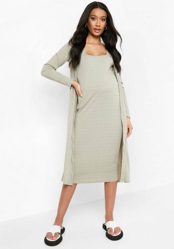 boohoo Zwangerschap Geribbelde Duster Jas Met Vierkante Hals En Midi Jurk, Sage