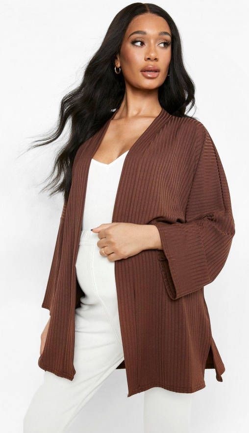 boohoo Zwangerschap Geribbelde Kimono Met Zijsplit, Chocolate