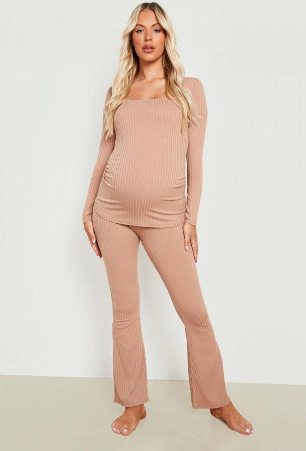 boohoo Zwangerschap Geribbelde Lounge Set Met Flared Broek, Taupe
