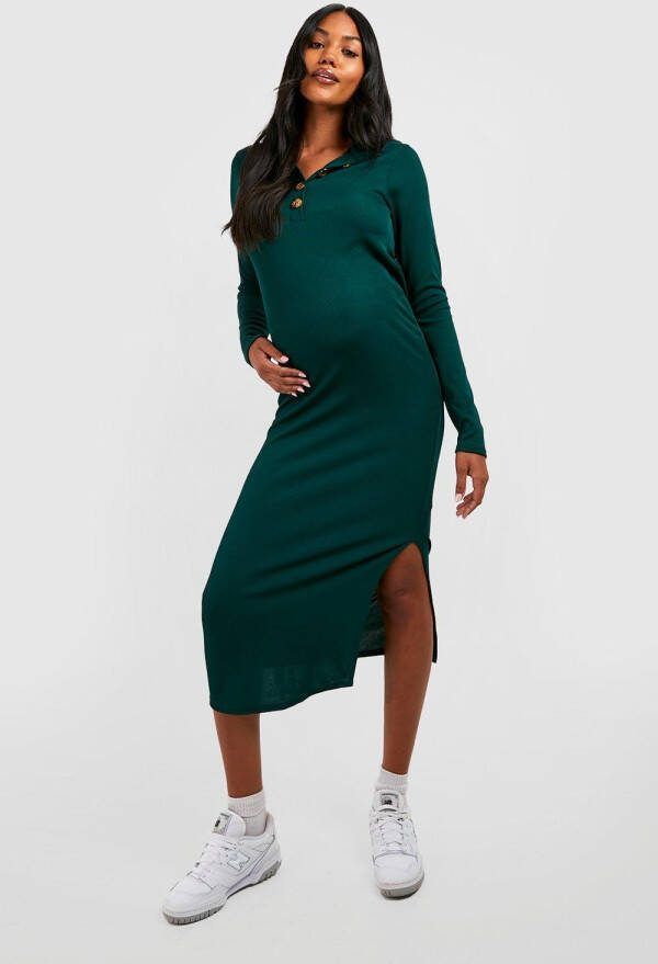 boohoo Zwangerschap Geribbelde Midaxi Jurk Met Knopen En Split, Bright Green