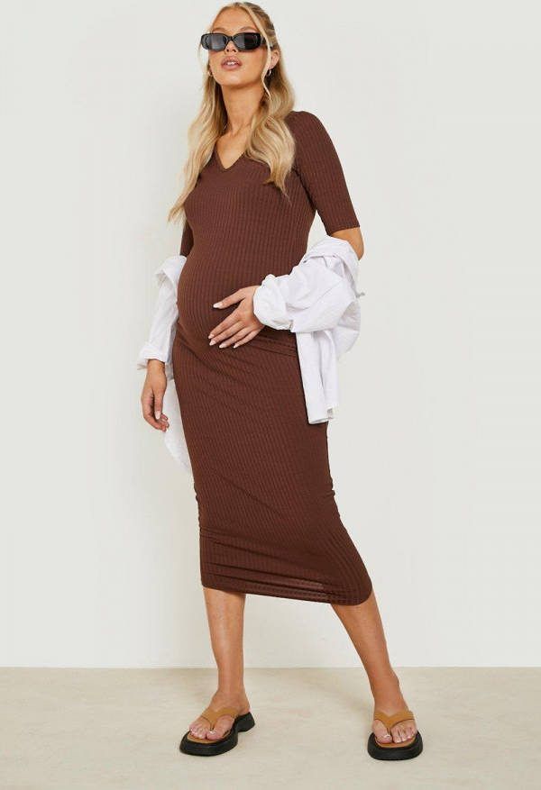 boohoo Zwangerschap Geribbelde Midaxi Jurk Met V Hals, Chocolate