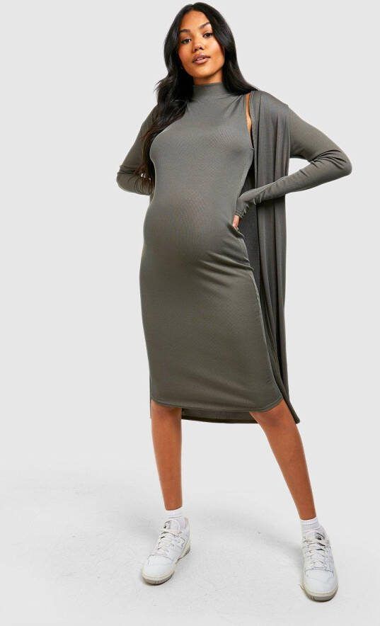 boohoo Zwangerschap Geribbelde Midi Jurk Met Hoge Kraag En Duster Jas Set, Khaki