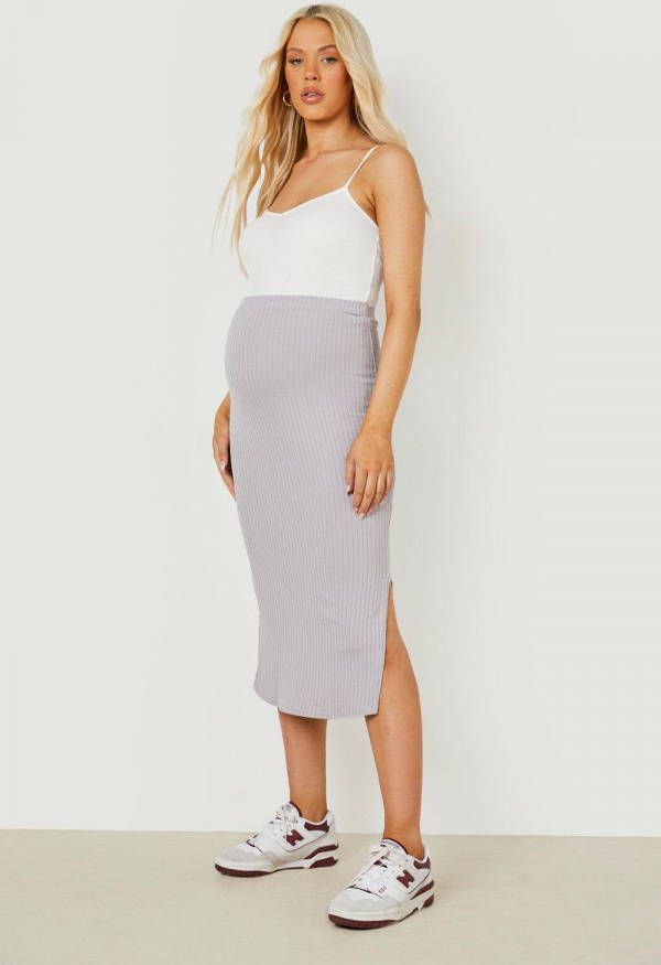 boohoo Zwangerschap Geribbelde Midi Rok Met Split, Grey