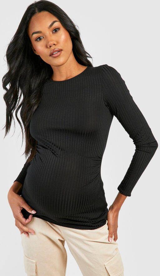 boohoo Zwangerschap Geribbelde Top Met Lage Ronde Hals En Lange Mouwen, Black