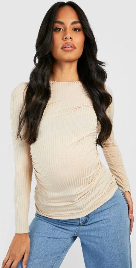 boohoo Zwangerschap Geribbelde Top Met Lage Ronde Hals En Lange Mouwen, Stone