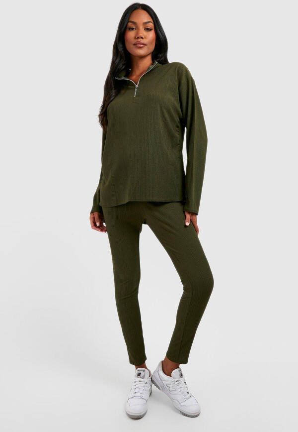 boohoo Zwangerschap Geribbelde Top Met Textuur En Korte Rits En Leggings Set, Khaki
