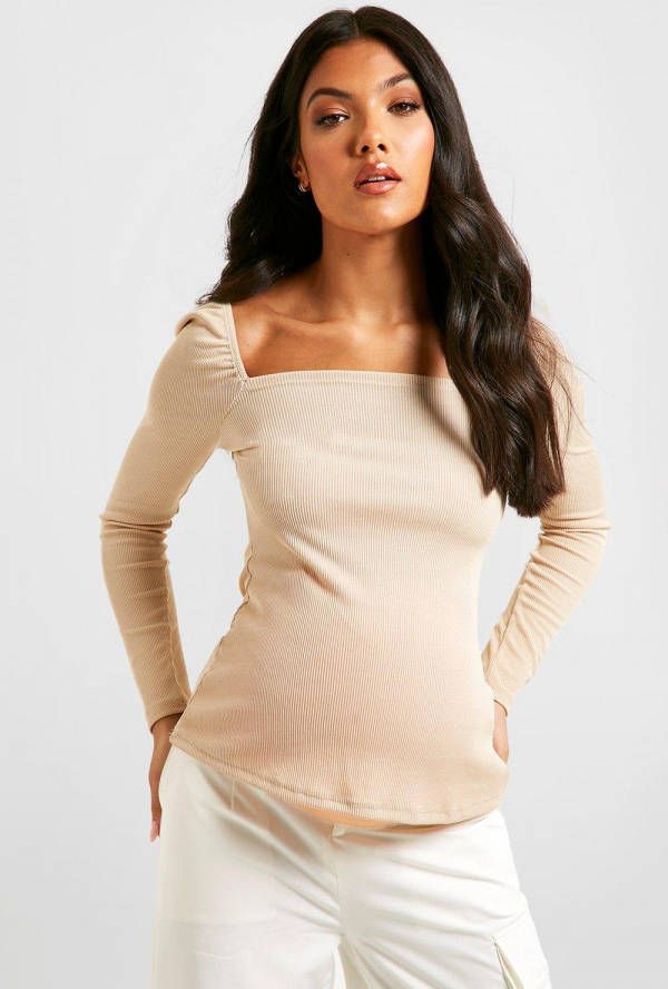 boohoo Zwangerschap Geribbelde Top Met Vierkante Hals, Stone