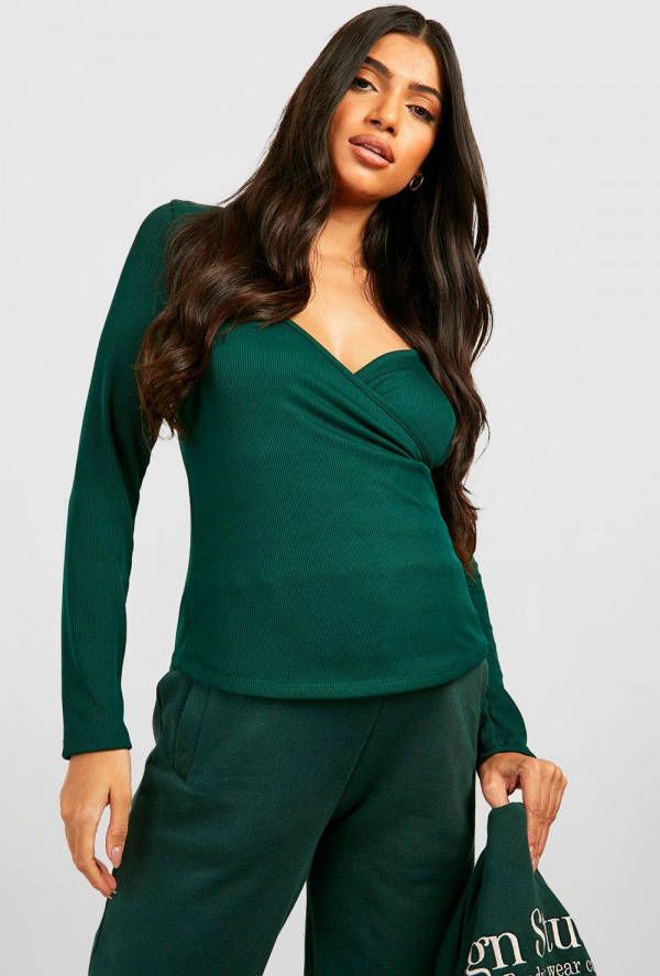 boohoo Zwangerschap Geribbelde Wikkeltop Met Harvormige Hals, Dark Green