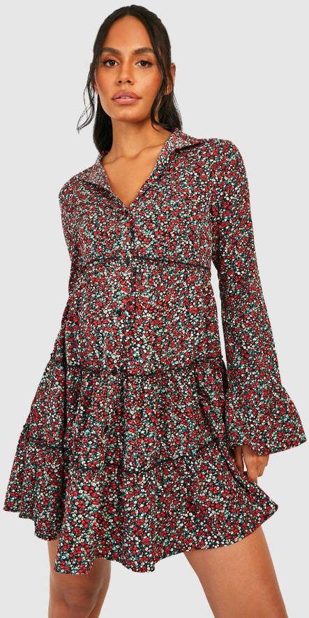 boohoo Zwangerschap Gesmokte Bloemen Jurk Met Laagjes, Multi