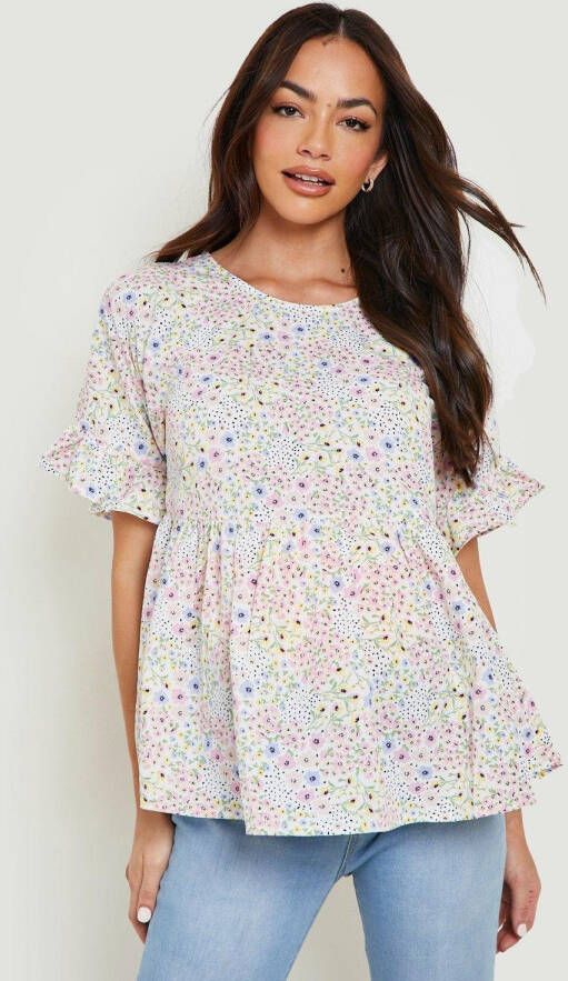 boohoo Zwangerschap Gesmokte Bloemen Top Met Franjes En Gekruiste Rug, Multi