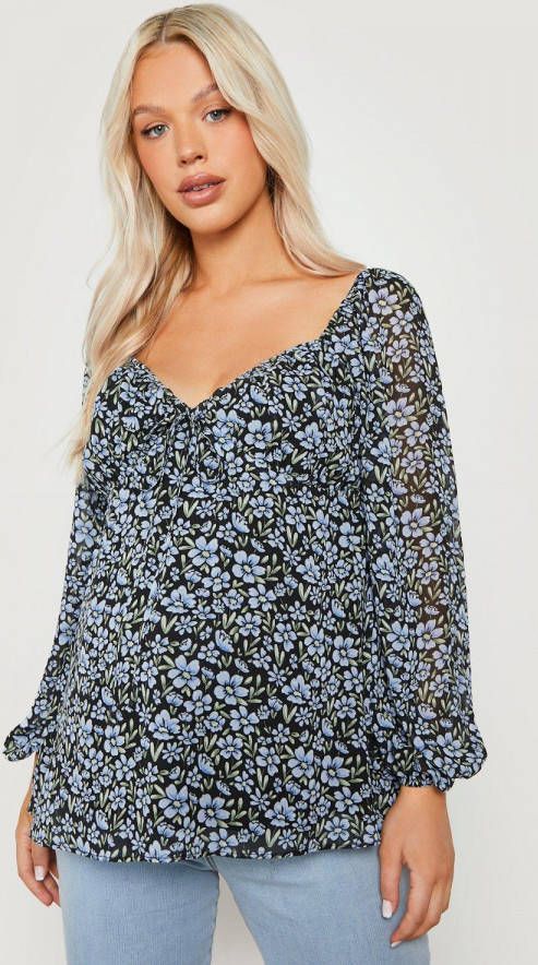 boohoo Zwangerschap Gesmokte Bloemen Top Met Pofmouwen, Black