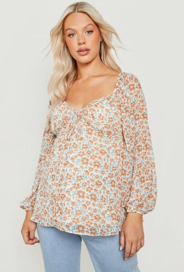 boohoo Zwangerschap Gesmokte Bloemen Top Met Pofmouwen, Brown