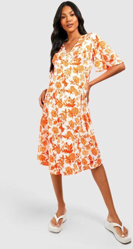 boohoo Zwangerschap Gesmokte Bloemen Wikkel Jurk, Orange