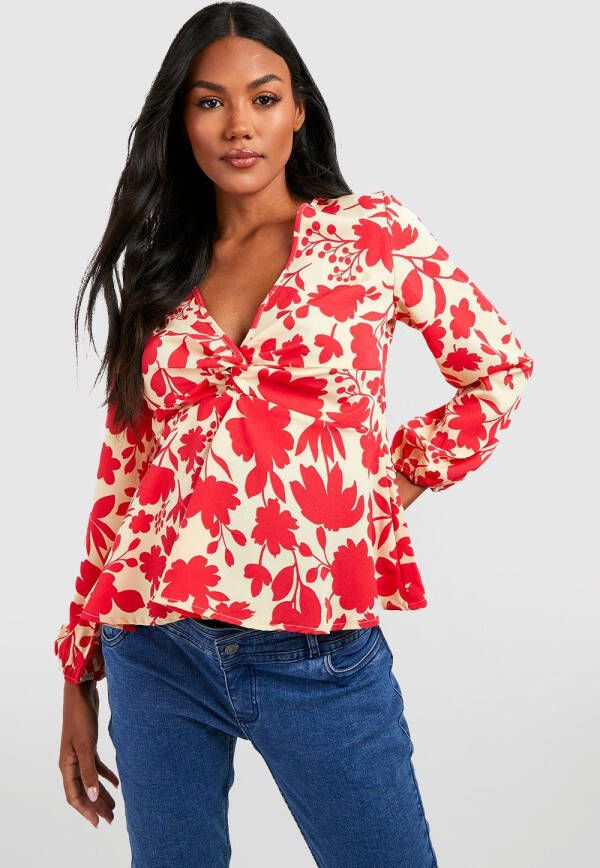 boohoo Zwangerschap Gesmokte Gedraaide Bloemen Top Met Lange Mouwen, Pink
