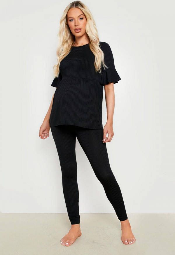 boohoo Zwangerschap Gesmokte Geribbelde Lounge Set Met Korte Mouwen, Black