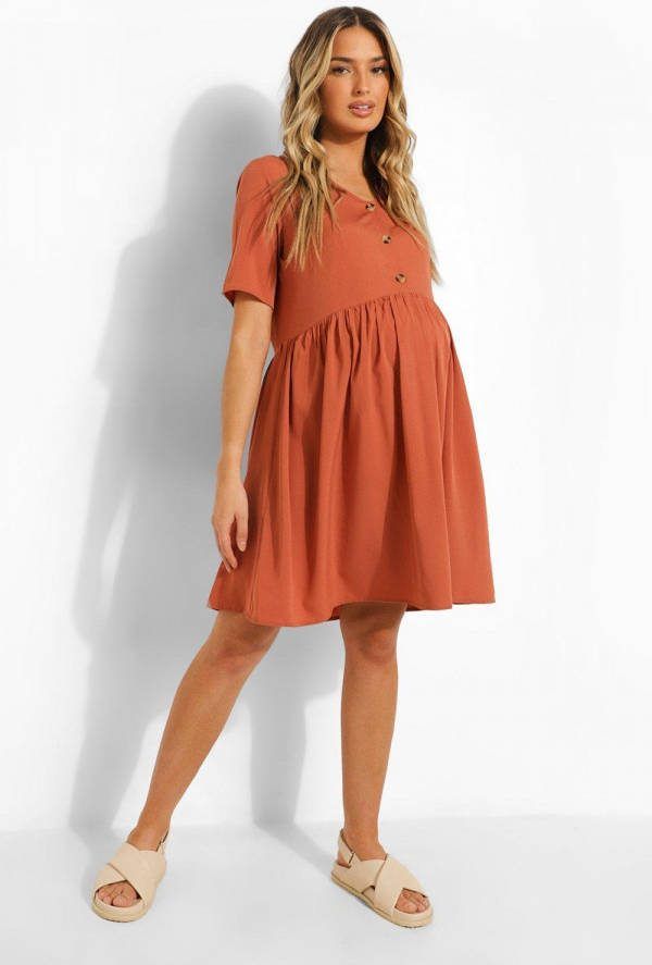 boohoo Zwangerschap Gesmokte Jurk Met Knopen, Terracotta
