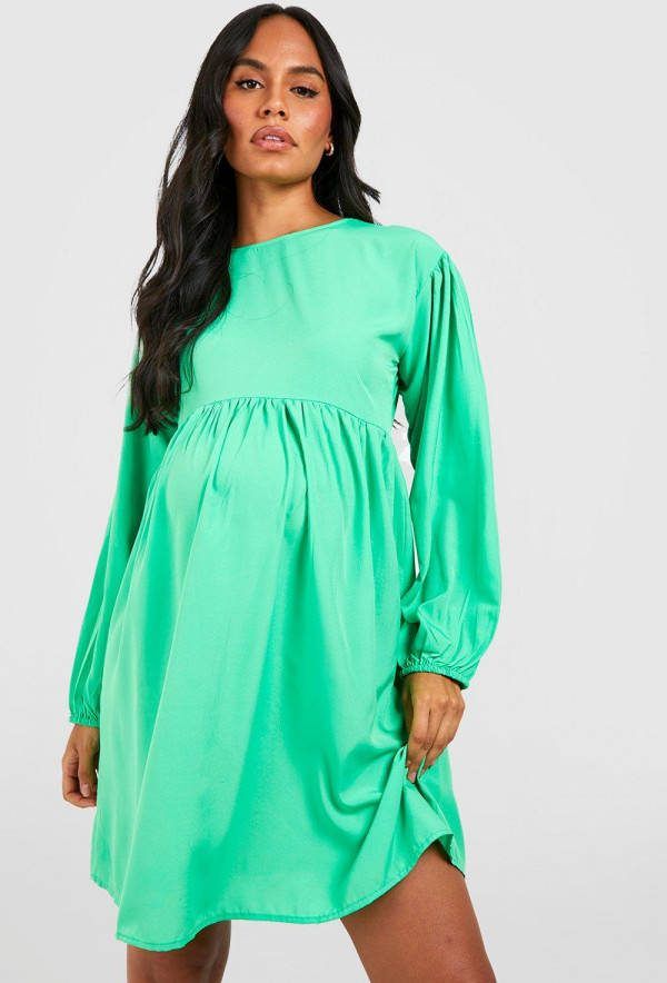 boohoo Zwangerschap Gesmokte Jurk Met Pofmouwen En Gekruiste Rug, Bright Green