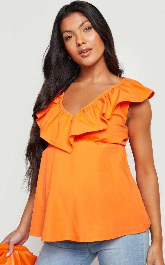 boohoo Zwangerschap Gesmokte Katoenen Poplin Top Met Franjes, Coral