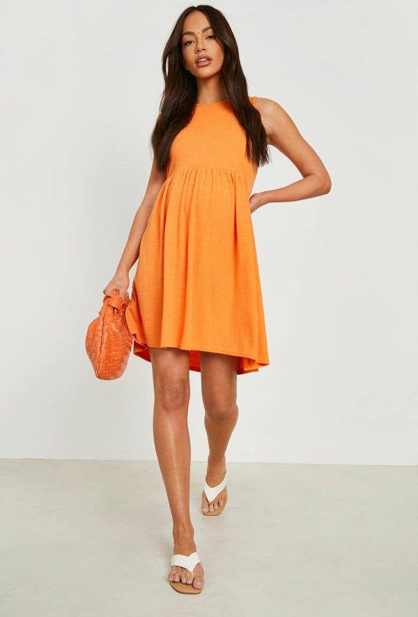 boohoo Zwangerschap Gesmokte Linnen Look Jurk, Orange