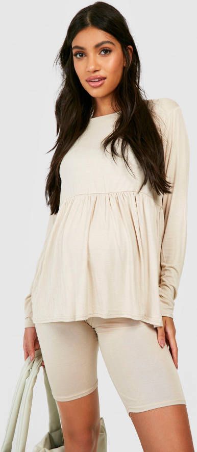 boohoo Zwangerschap Gesmokte Loungewear Set Met Fietsbroekje, Stone