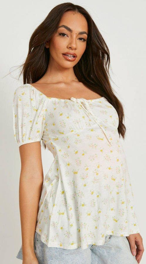boohoo Zwangerschap Gesmokte Melkmeisjes Bloemen Top, White
