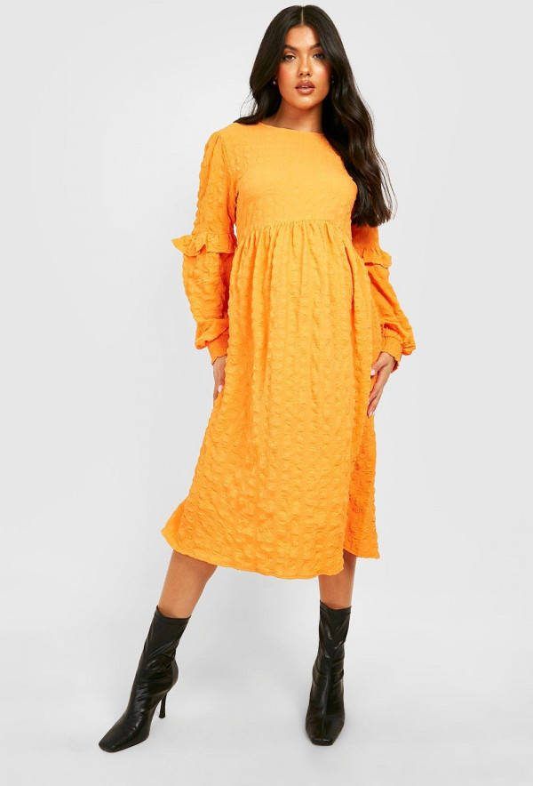 boohoo Zwangerschap Gesmokte Midi Jurk Met Textuur, Orange