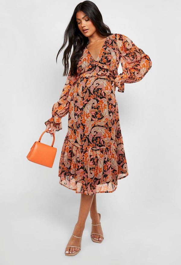 boohoo Zwangerschap Gesmokte Paisley Midi Jurk Met Ruches, Multi