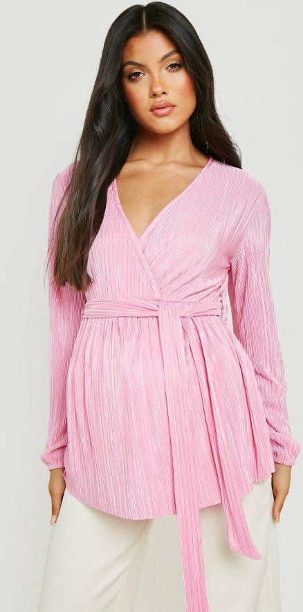 boohoo Zwangerschap Gesmokte Plisse Top Met Strik, Pink