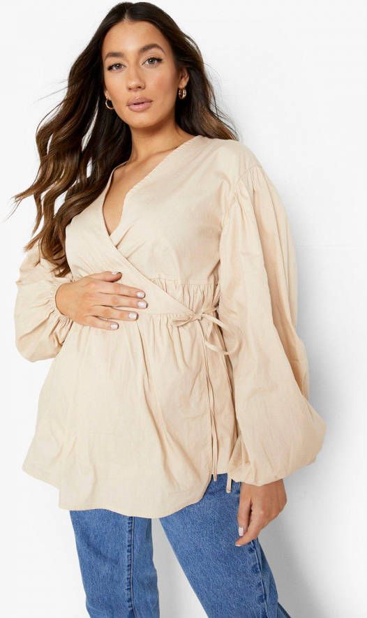 boohoo Zwangerschap Gesmokte Poplin Wikkeltop, Stone