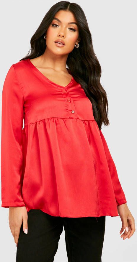 boohoo Zwangerschap Gesmokte Satijnen Top Met Knopen, Red