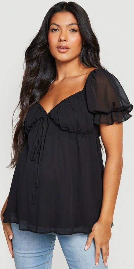 boohoo Zwangerschap Gesmokte Top Met Pofmouwen, Black