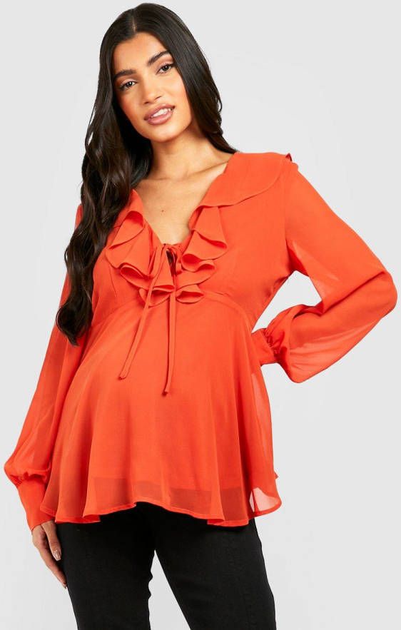 boohoo Zwangerschap Gesmokte Top Met Ruches En Strik, Burnt Orange