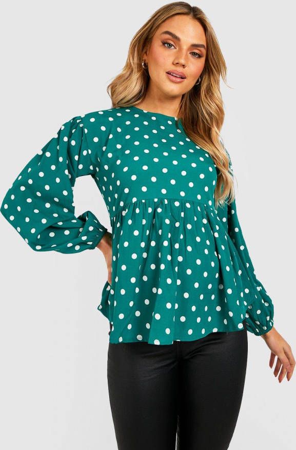 boohoo Zwangerschap Gesmokte Top Met Stippen, Pofmouwen En Gekruiste Rug, Green