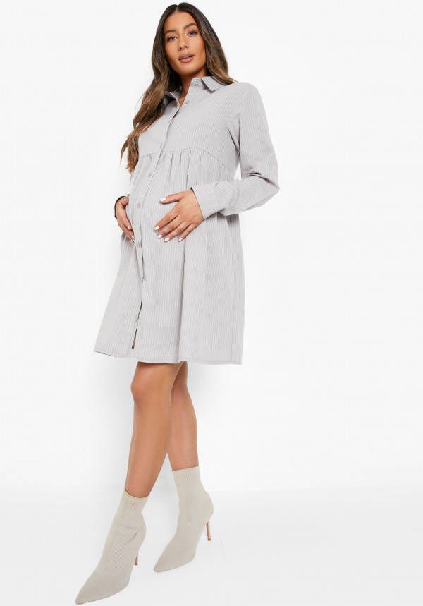 boohoo Zwangerschap Gestreepte Blouse Jurk Met Laagjes, Grey