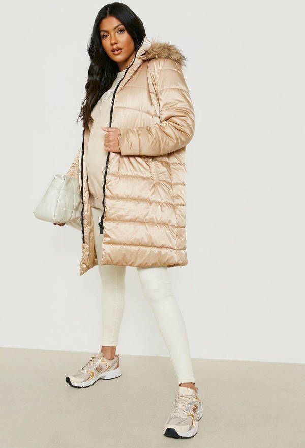 boohoo Zwangerschap Gewatteerde Jas Met Faux Fur Zoom, Stone