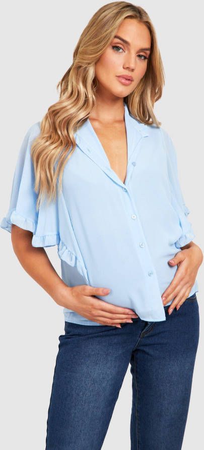 boohoo Zwangerschap Geweven Blouse Met Ruches En Engelenmouwen, Sky Blue