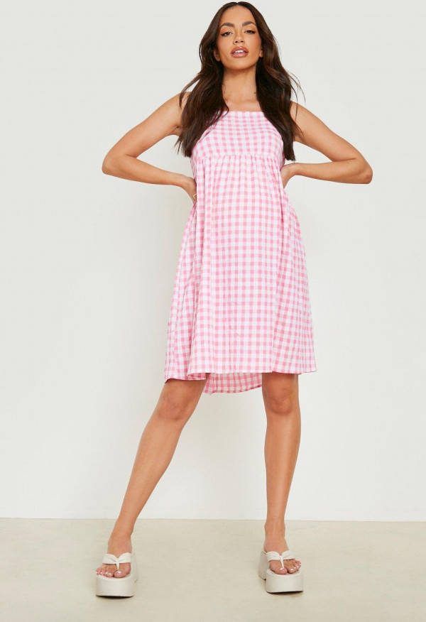 boohoo Zwangerschap Gingham Babydoll Jurk Met Bandjes, Pink