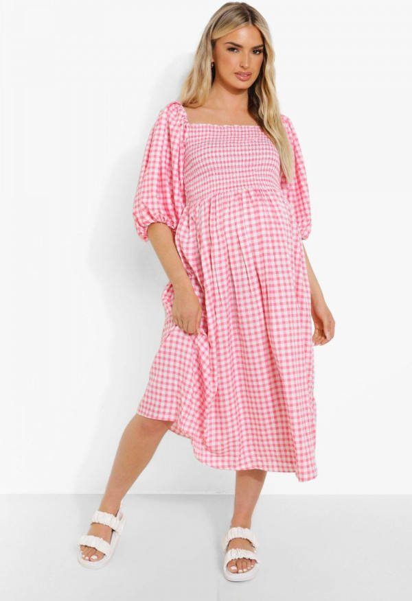 boohoo Zwangerschap Gingham Midi Jurk Met Pofmouwen, Pale Pink