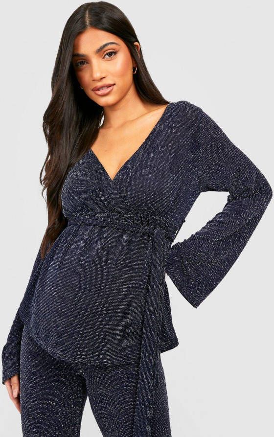 boohoo Zwangerschap Glitter Wikkel Top Met Wijde Mouwen, Blue