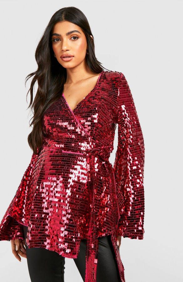 boohoo Zwangerschap Glitter Wikkeltop Met Pailletten En Wijde Mouwen, Pink