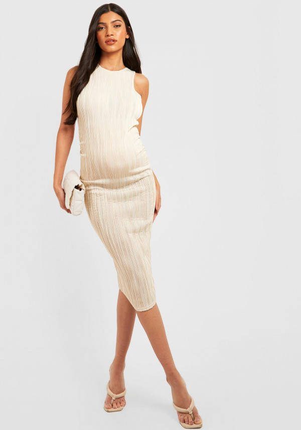 boohoo Zwangerschap Golvende Geribbelde Midi Jurk Met Racer Hals, Stone