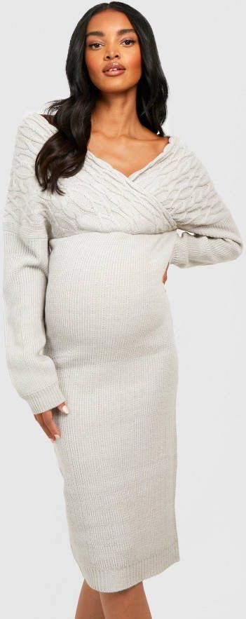 boohoo Zwangerschap Grof Gebreide Midi Wikkel Jurk, Grey Marl