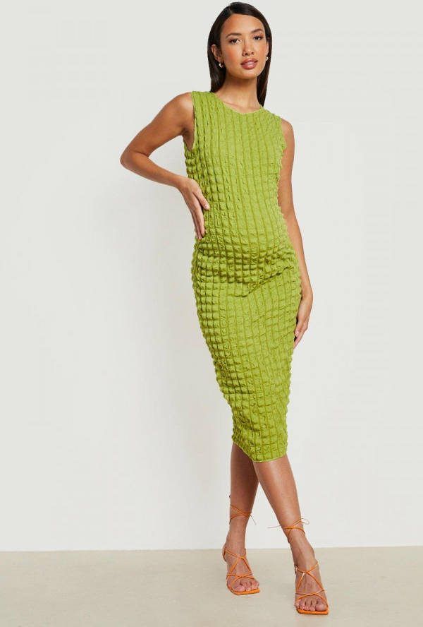 boohoo Zwangerschap Jersey Bolletjes Bodycon Midi Jurk, Olive