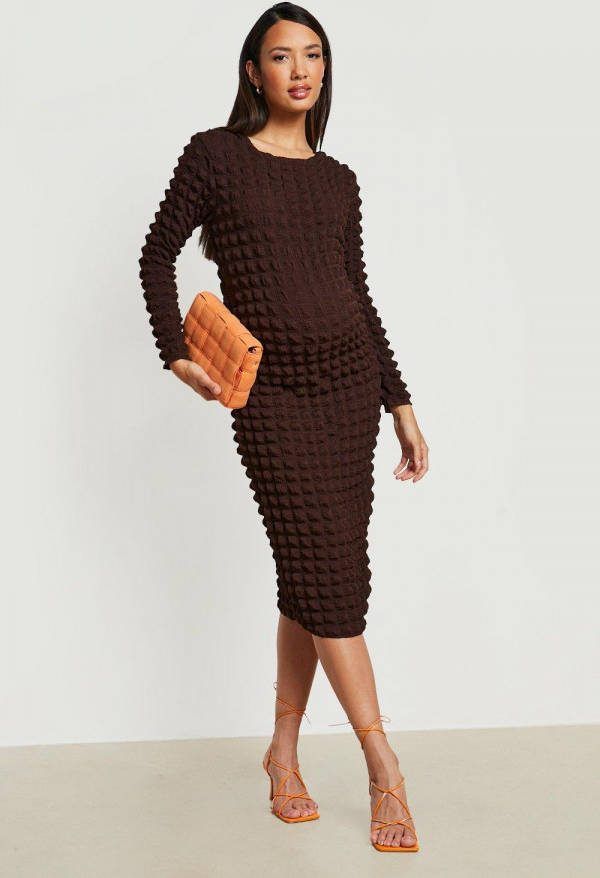 boohoo Zwangerschap Jersey Bolletjes Midi Jurk, Chocolate