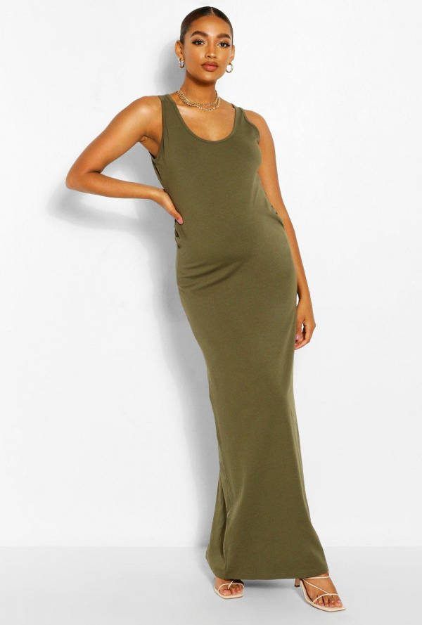boohoo Zwangerschap Jersey Maxi Jurk Met Laag Uitgesneden Hals, Khaki