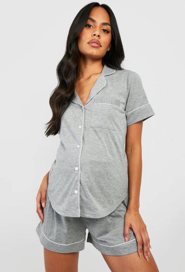 boohoo Zwangerschap Jersey Pyjama Set Met Shorts, Biezen En Knopen, Grey Marl