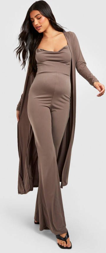 boohoo Zwangerschap Jumpsuit Met Bandjes En Losse Col En Duster Jas, Mocha