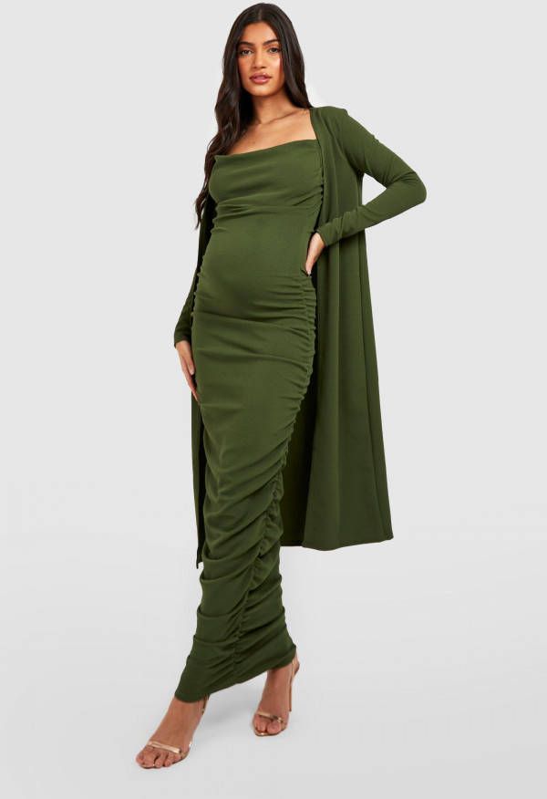 boohoo Zwangerschap Jurk Met Bandjes En Duster Jas Set, Khaki