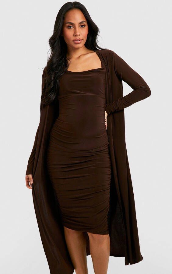 boohoo Zwangerschap Jurk Met Bandjes En Losse Col En Duster Jas, Chocolate